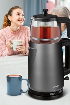 Dem Antrasit 2200 Watt XL Paslanmaz Demlikli Cam Çelik Çay Makinesi Ve Su Isıtıcısı