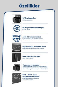 Blackfry 1700 Watt Dijital Dokunmatik 8 Ön Programlı 5.7 Litre Yağsız Kızartma Sıcak Hava Fritöz Airfryer