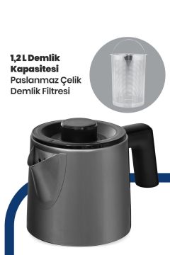Akasya Antrasit XL 2200 Watt Damlatmayan Tasarımı ile Paslanmaz Çelik Çay Makinesi Ve Su Isıtıcısı