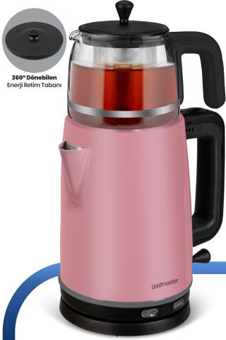Dem Sedef Pembe 2200 Watt XL Paslanmaz Demlikli Cam Çelik Çay Makinesi Ve Su Isıtıcısı